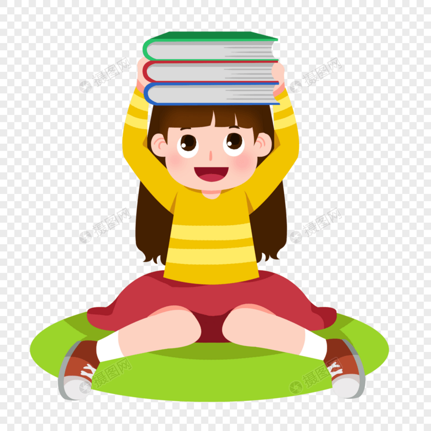 卡通黄衣女孩顶着书本图片