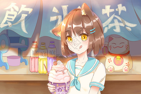 夏日物语艺术字少女和刨冰冷饮店插画