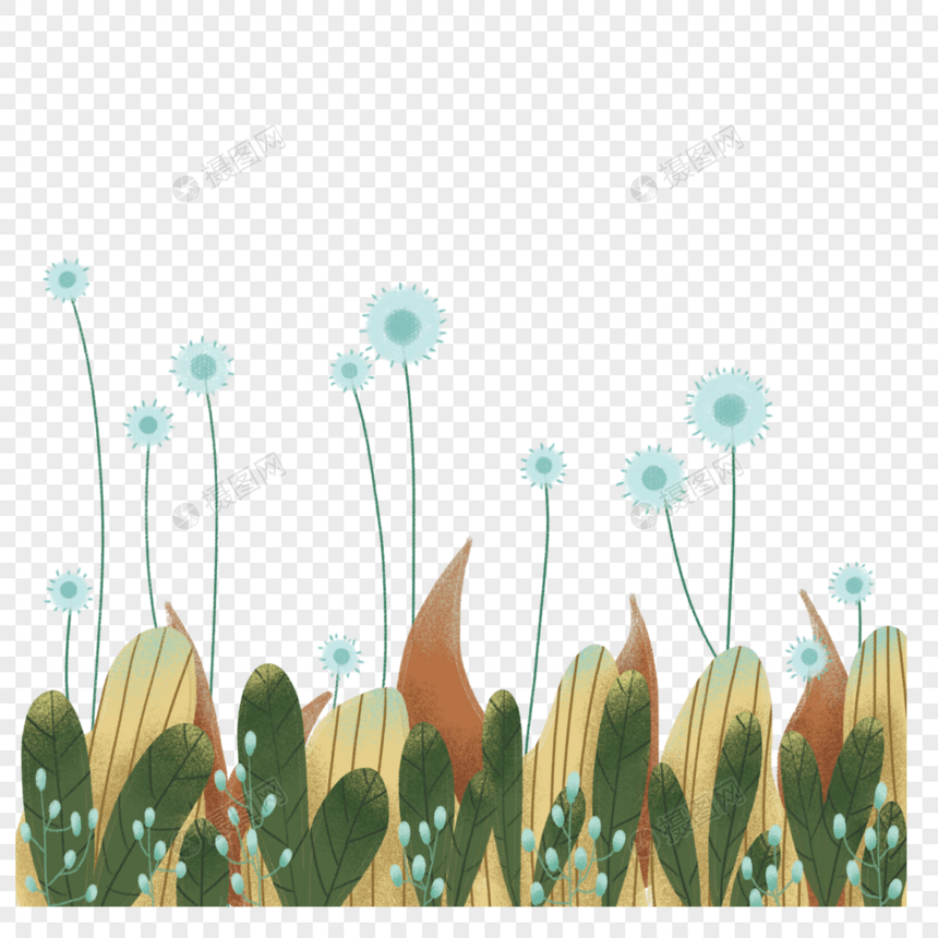 卡通手绘春天美丽的花草和蒲公英图片