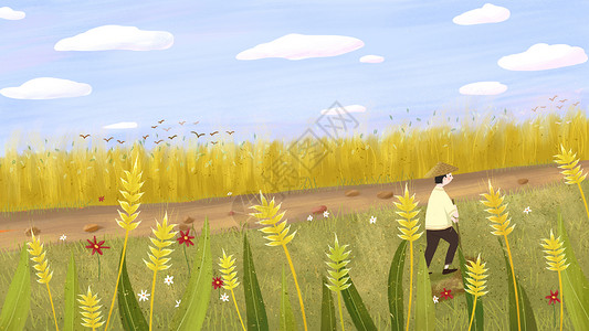 黄色稻谷名片黄色芒种时节农民在地里忙作插画