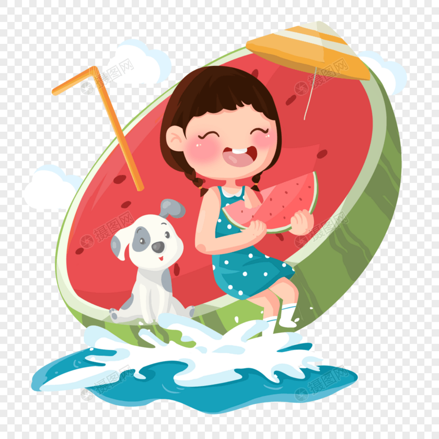 坐在西瓜中吃瓜的女孩图片