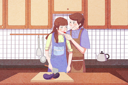 厨房桌面背景海报情侣恋爱温馨插画插画