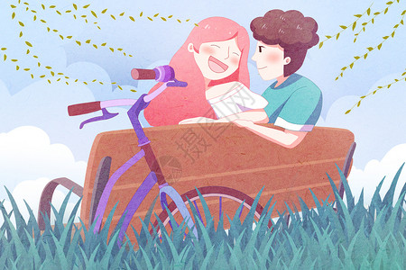 骑着单车的情侣情侣恋爱插画插画