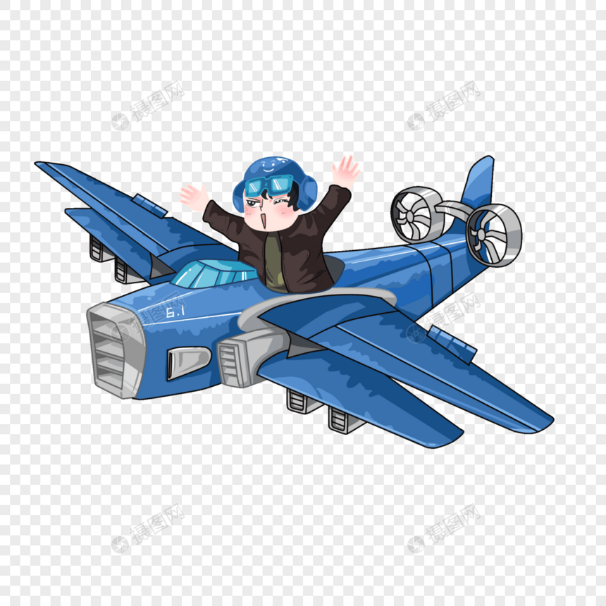 坐蓝色飞机的快乐小男孩图片