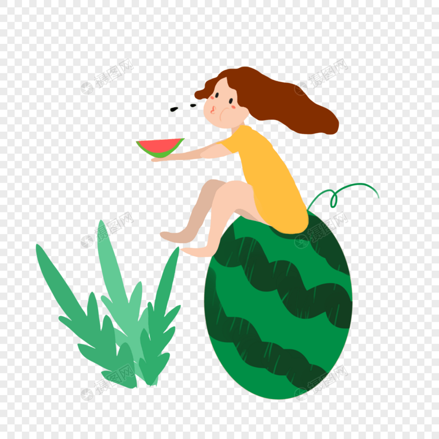 少女坐在西瓜上吃西瓜图片