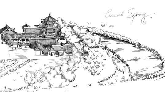 甘肃建筑月牙泉插画