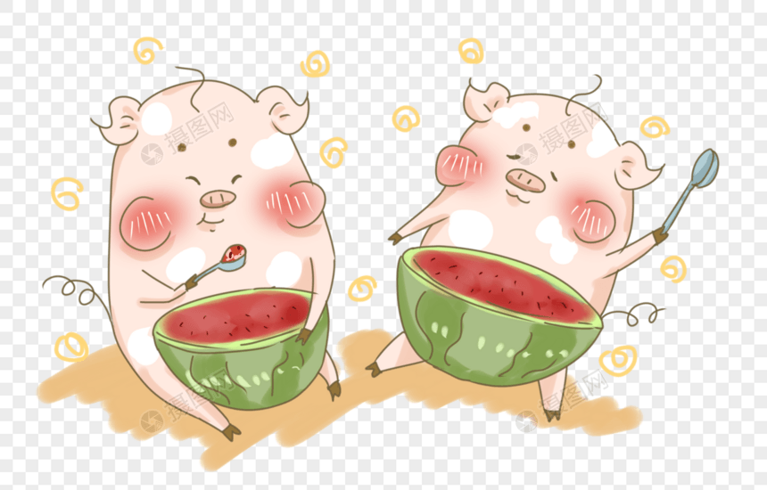 炎热夏日猪猪吃大西瓜插画PNG图片