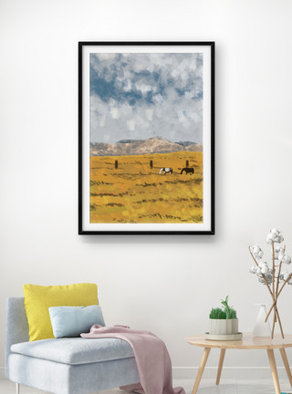 内蒙大草原的牛油画手绘牛的大草原家装挂画装饰画模板