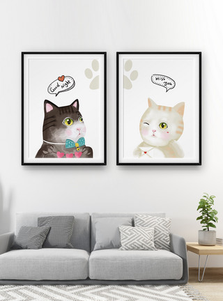 清新雅致萌宠动物猫咪主题餐厅装饰画双图模板