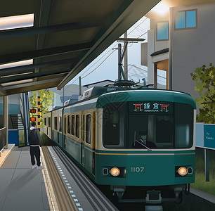 日本轨道夏日火车旅行插画
