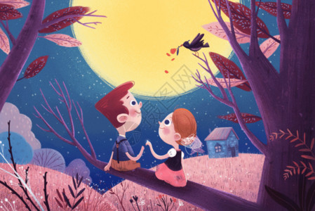 卡通植物桃插图夜空下的情侣插画GIF高清图片