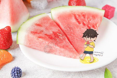 盘子里的西瓜吃西瓜的男孩插画