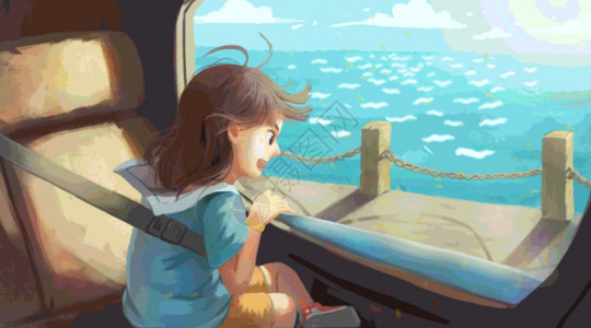 蓝色大鲸鱼假日坐车旅行去看海的小女孩gif动图高清图片