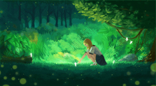 梦幻魔法光效树林的少女 gif 动图高清图片