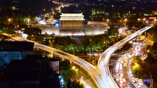 车全景北京德胜门箭楼之夜景高清图片