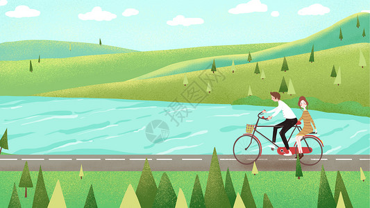 绿色小清新骑单车的情侣插画