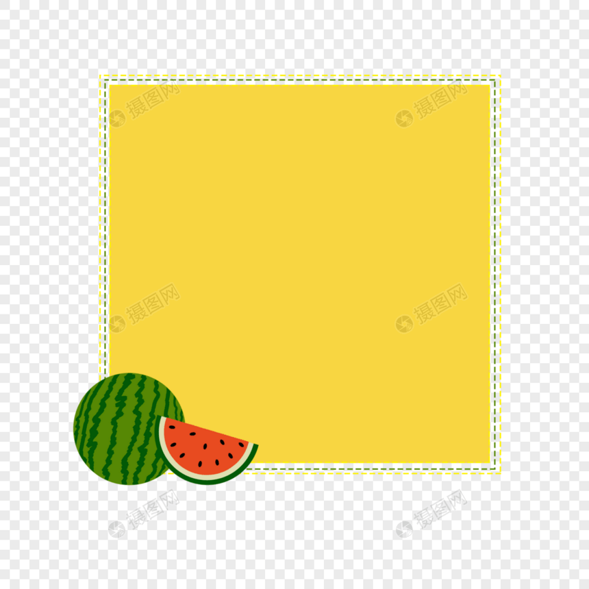 手绘卡通水果绿色红色西瓜黄色底纹方形边框图片