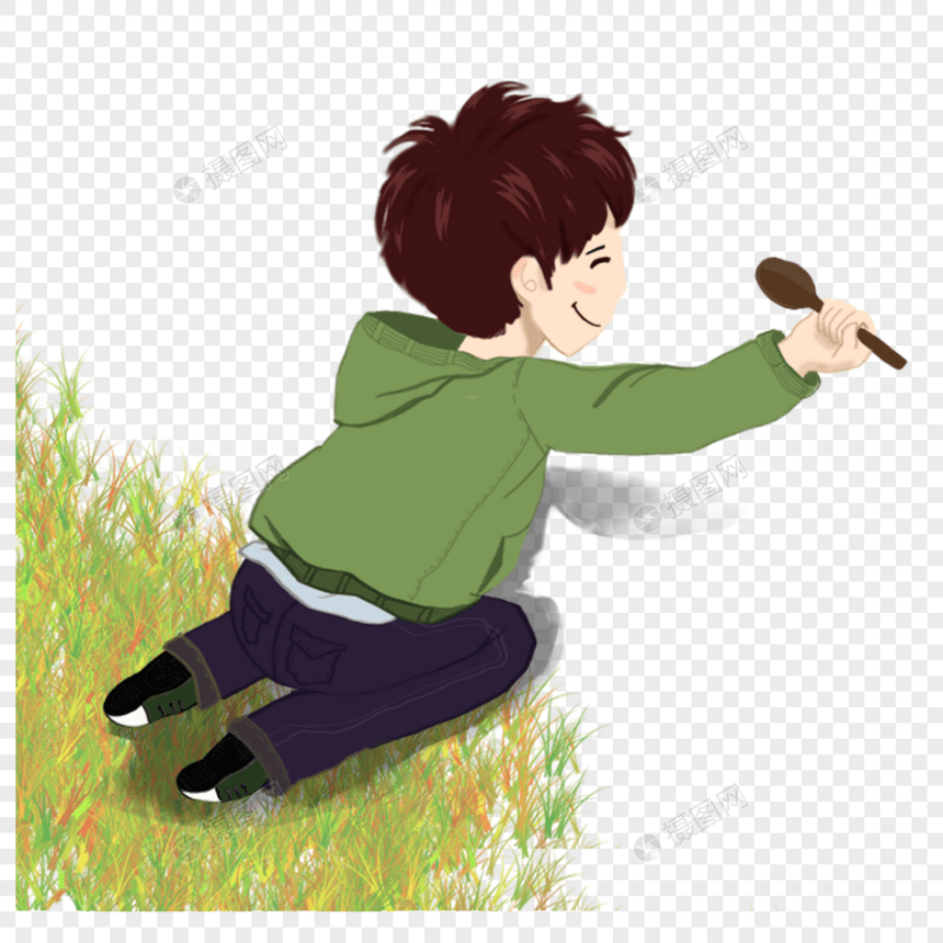 手绘男孩爬在草地上拿着勺子元素图片