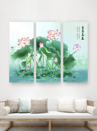 水墨画风格中国风荷叶荷三联无框装饰画模板