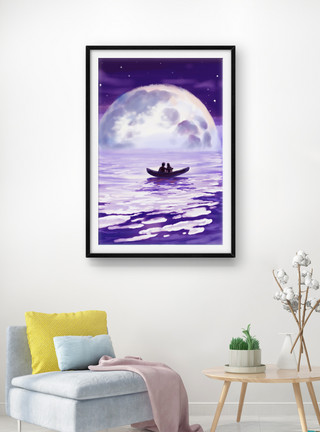 月亮星辰海上爱情客厅装饰画模板