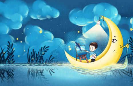 星空大海月亮上画鲸鱼的男孩GIF高清图片