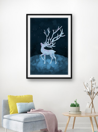 家居深色深色发光雪花下小鹿油画装饰画模板