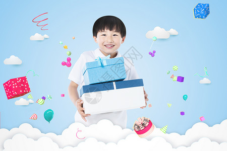 男孩手拿礼盒儿童节设计图片