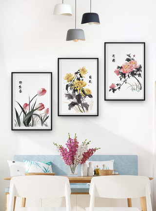 菊花花卉素材中国国画花卉植物三联框装饰画模板