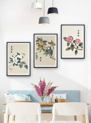 绉纱茉莉国画花卉植物三联框装饰画模板