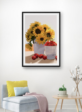 静物油画风格摄影静物向日葵樱桃单图装饰画模板