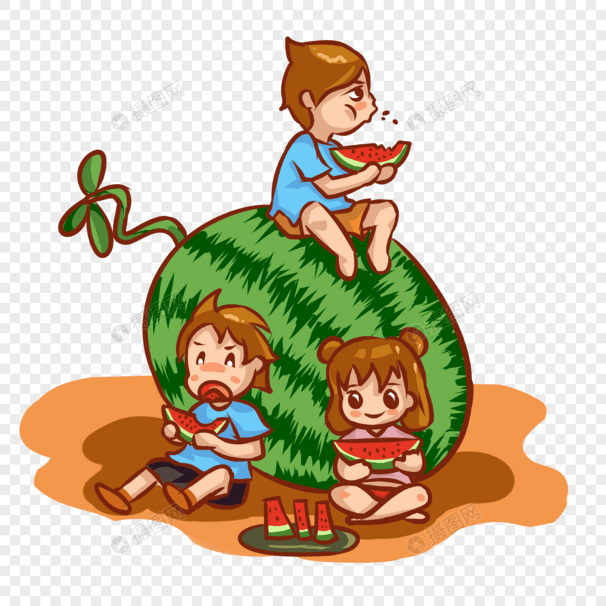 坐着吃西瓜的孩子图片