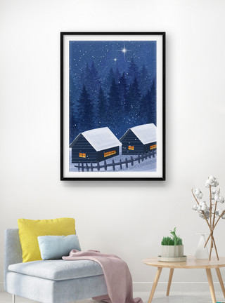 雪景风景手绘冬天夜晚客厅装饰画模板