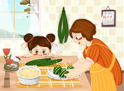 传统节日之端午节包粽子插画图片
