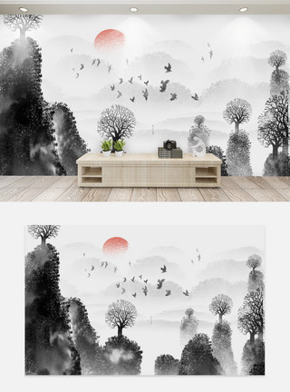 蜡笔绘画背景中国风水墨山水家装电视机背景墙模板