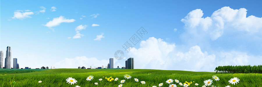 蓝天白云草地城市清新草地背景设计图片