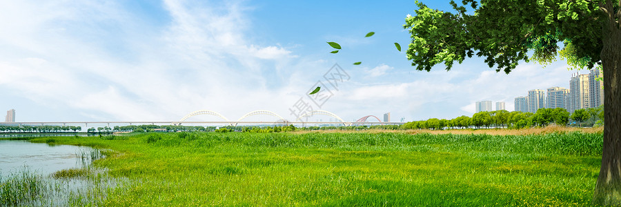 蓝天绿草素材草地城市背景设计图片