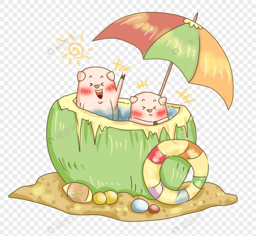 夏日猪猪沙滩与椰子插画PNG图片
