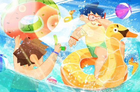 小鸭子游泳圈夏日游泳插画