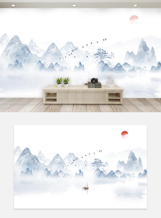 雅致中式中国风山水风景电视背景墙模板