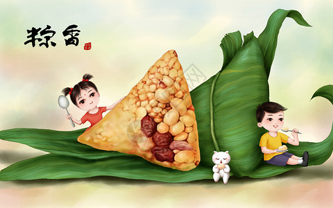 端午吃粽子国画美食素材高清图片