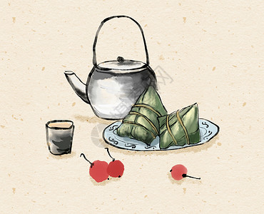 水果茶壶水墨的粽子插画