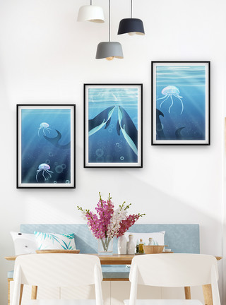 世界地图墙蓝色梦幻海底现代家装三联框装饰画模板