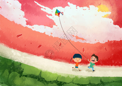 拿风筝男孩西瓜和天空的结合插画