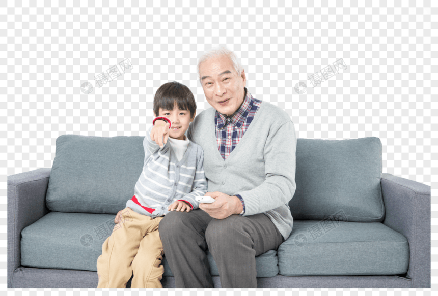 爷孙俩在沙发上看电视图片