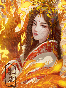 中国古风美女山海经神兽朱雀插画