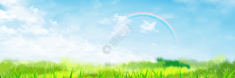 云朵彩虹素材草地背景设计图片