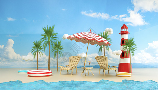 灯塔卡通背景夏日沙滩设计图片