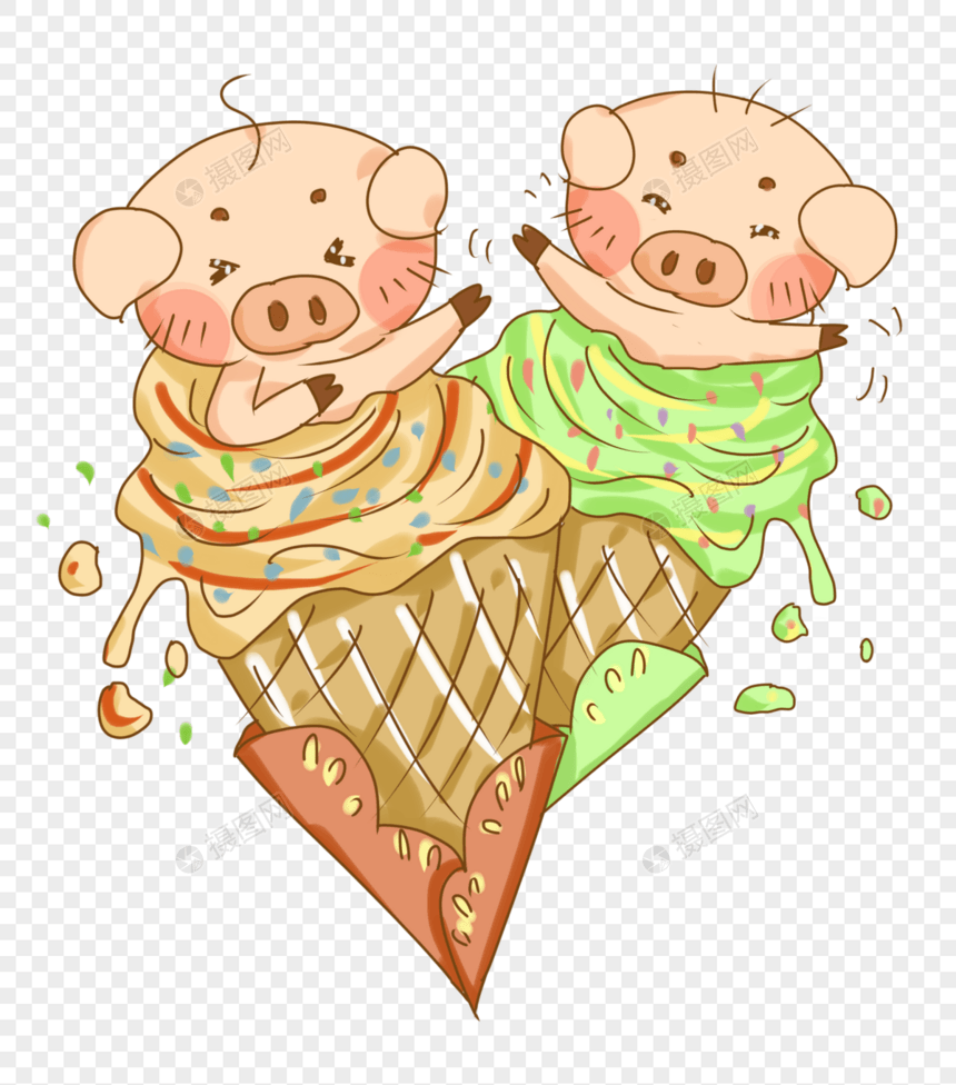 原创手绘夏季冰淇淋与小猪插画PNG图片