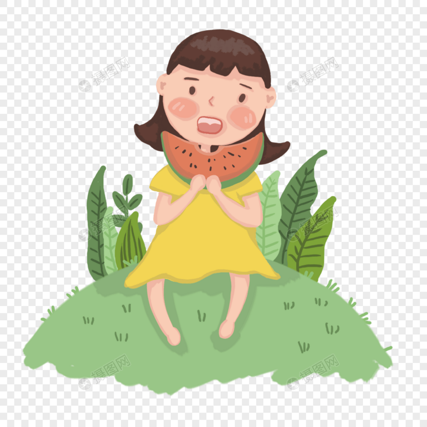 坐在草地上吃西瓜的小女孩图片