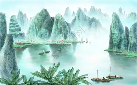 漓江山水手绘芭蕉树高清图片